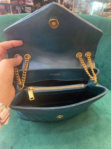 YSL Lou Lou Small Quilted Teal Bag with Gold Hardware