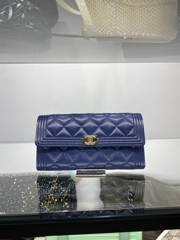 Chanel Navy Boy Flap Gusset Wallet Gold Hardware