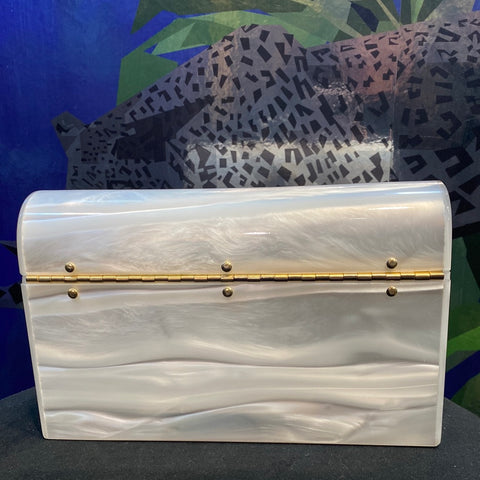 Vintage: White Marble Lucite Clutch with Gold Charm