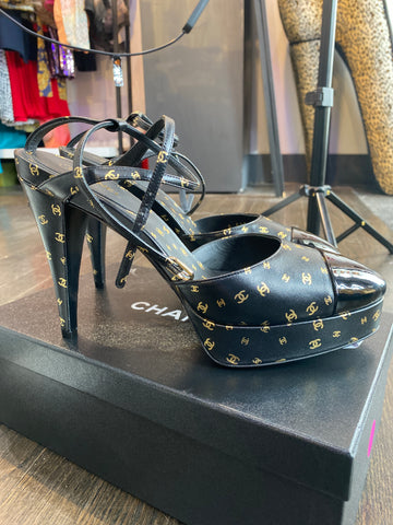 Chanel Black Leather Gold CC PLatform Patent Leather Toe Ankle Strap Heels