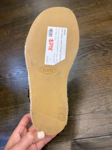 Tods Kate Cognac Leather Wedge Espadrille Sandals