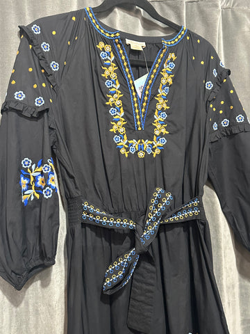 Shoshanna Black Long Sleeve Cotton V Slit Maxi Dress with Blue and Gold Embroidery