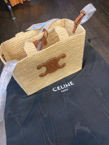Celine Small Cabas THAIS In Raffia and Cognac Calfskin