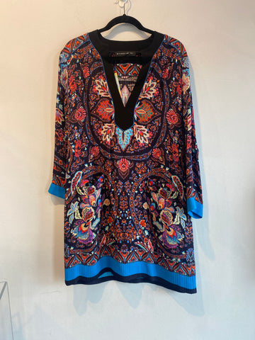 ETRO Black and Multicolor Silk Paisely Shift Dress with Blue Trim