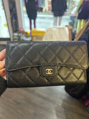 Chanel Black Caviar Leather Flap Wallet with Silver CC