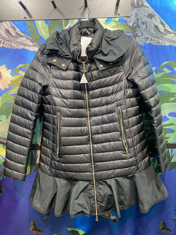 Moncler Black Hooded Down RainCoat with Flounce Bottom