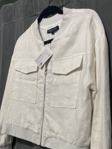 Central Park West White Light Weight Crew Neck Front Zip Two Pocker Bomber Jacket