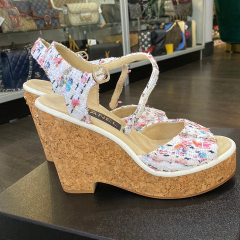 Chanel Cotton Tweed Ecru, Pink, Blue & Green Wedge Sandals