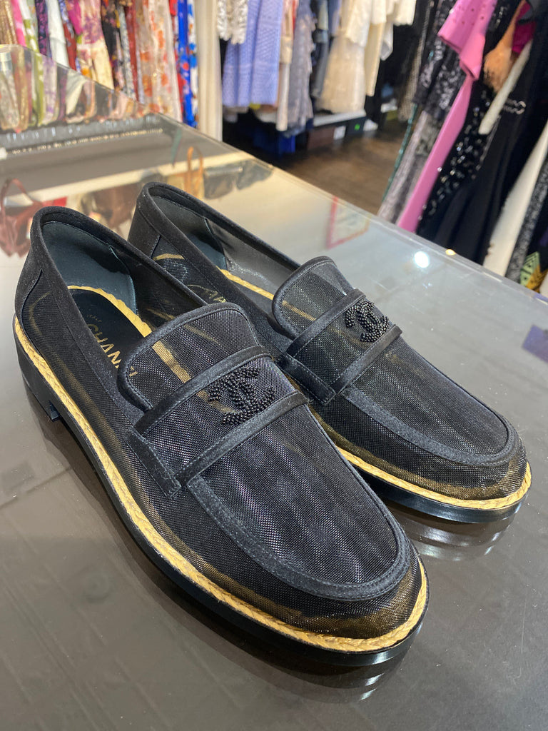 CHANEL Black Mesh Loafer with Black Beaded CC