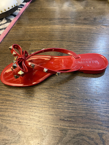 Valentino Red PVC Rockstud Bow Thong Sandal