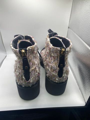 Chanel Lavender Tweed Lace Up Back Zip Bootie wiht pearl