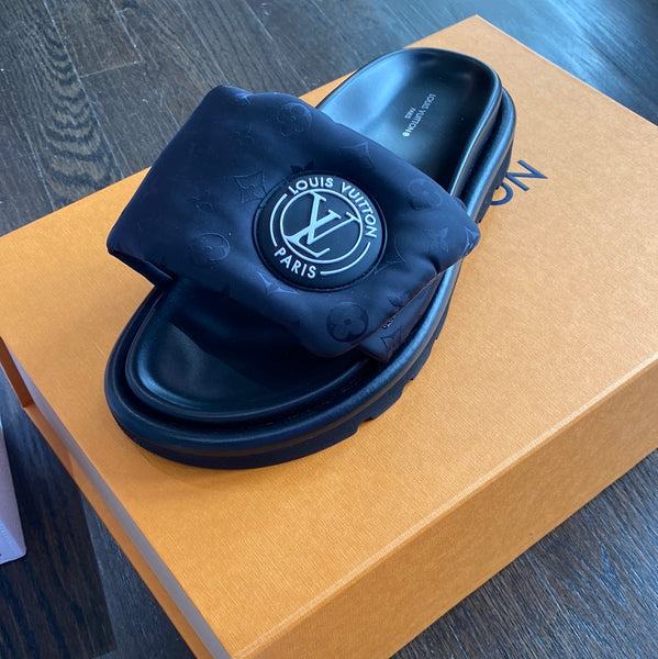 Louis Vuitton Black Nylon and Leather Logo Velcro Strap Slide