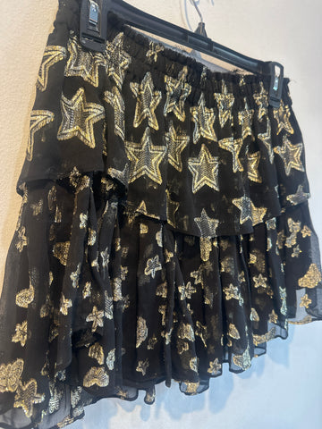 Love Shack Fancy Black Ruffle Minin Tiered Mini Skirt with Metallic Star Print