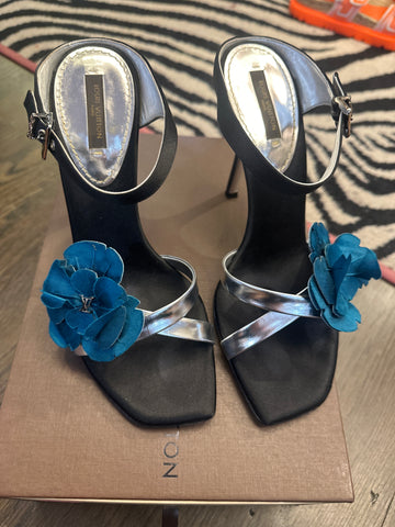 Vintage: Louis Vuitton Black Satin and Silver leather Sandal with Silk Teal Flower