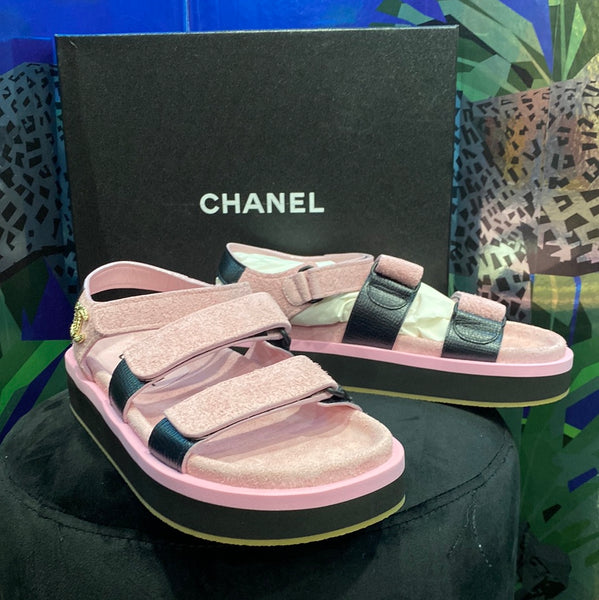 Chanel Pink Suede and Black Calfskin Dad Velcro Sandals