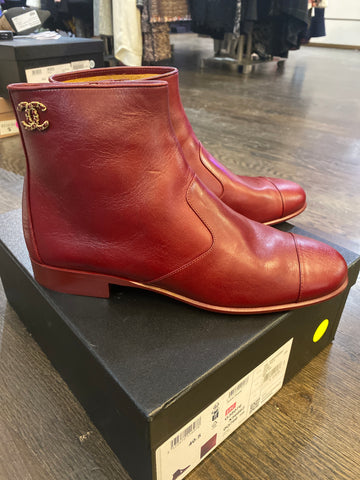 Chanel Dark Red Calfskin Short Booties with Hidden Side Zipper and Gold CC