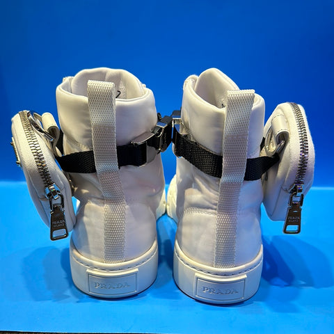 Prada White Nylon Side Pouch High Top Sneaker