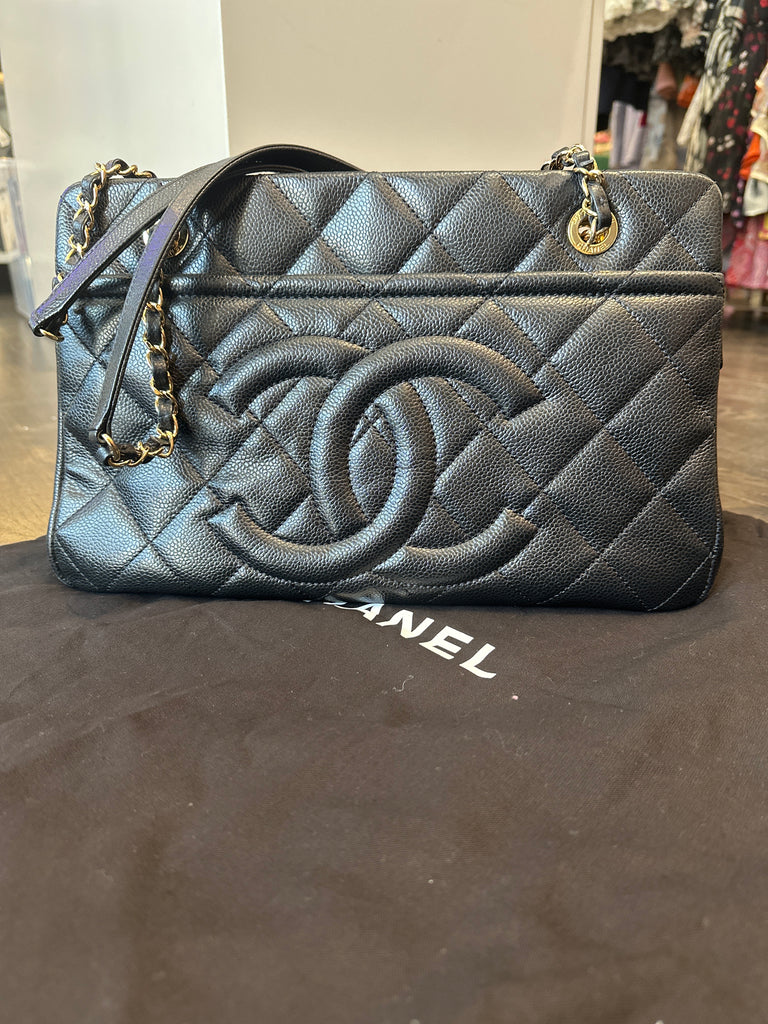 Chanel Black Caviar Leather Two-Top Handle Handbag