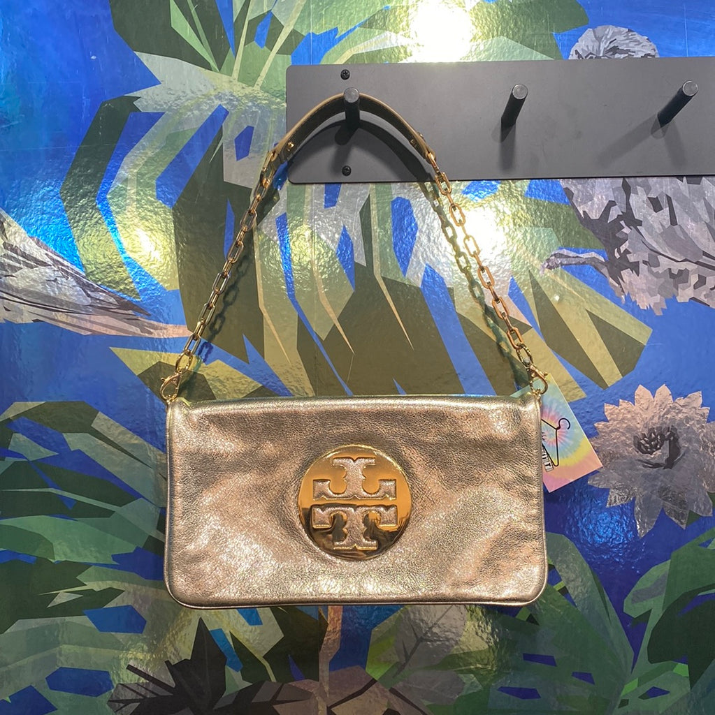 Tory Burch Gold Metallic Double Zip Fold Leather Bag with Gold Removeable Chain and XL Logo