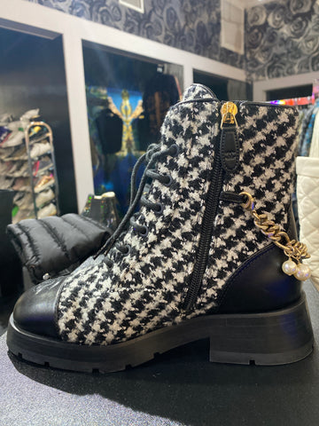 Chanel Black and White Tweed Calfskin and Back Chain Side Zip Boots