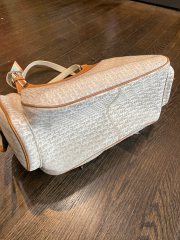 Vintage: Christian Dior White Fabric Frame Pocket Cognac Trim Shoulder Bag