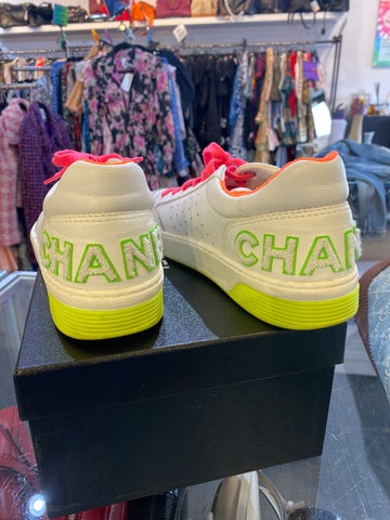 CHANEL White leather and NEON Terri Trim Sneakers