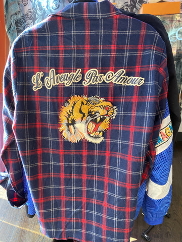 GUCCI Blue and Red Plaid Button Down Skirt with Tiger Patch
