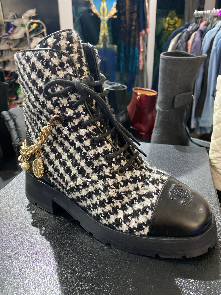 Chanel Black and White Tweed Calfskin and Back Chain Side Zip Boots