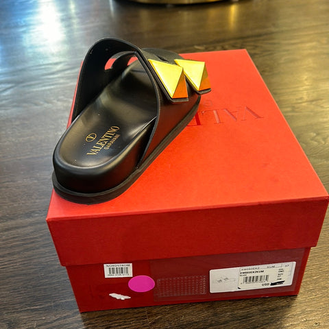 VALENTINO Black LEather Two Strap Large Stud Slides