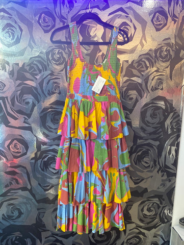 RHODE Colorful Sleeveless Smocked Top and Ruffle Layered Bottom Maxi Dress