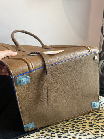 Celine Leather Phantom Luggage Tote in Light Brown with Bright Blue Suede interior