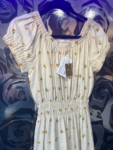 ANN MASHBURN 'Britini Dress' Cap Sleeve Neurtal Maxi Dress with Embroidered Flowers