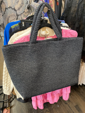 SAINT LAURENT BLACK UNLINED RAFFIA TOTE BAG