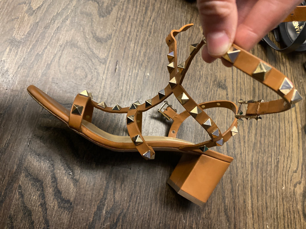 Valentino Cognac Rockstud Ankle Strap Block Heel Sandal