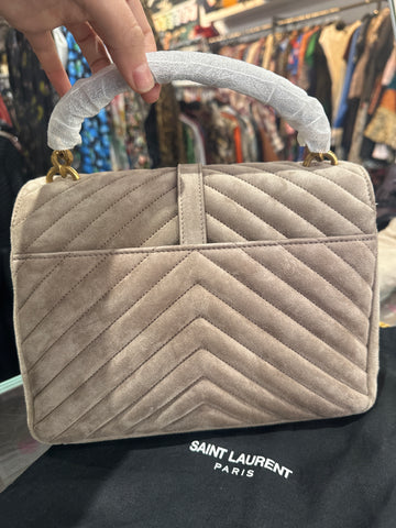 YSL Grey College Suede Flap Bag with Gold Hardware