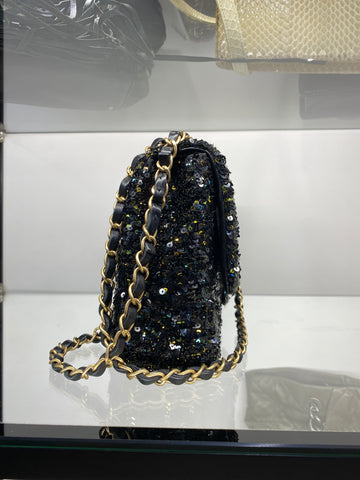 Chanel Black Green and Gold Sequin Flap Bag Gold Hardware