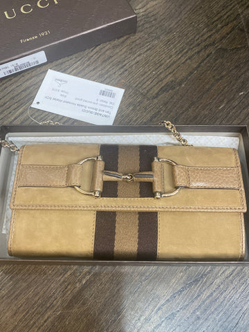 Vintage:Gucci Tan and Brown Suede Horsebit Wallet SOHO CELLARIUS on Chain
