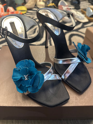 Vintage: Louis Vuitton Black Satin and Silver leather Sandal with Silk Teal Flower
