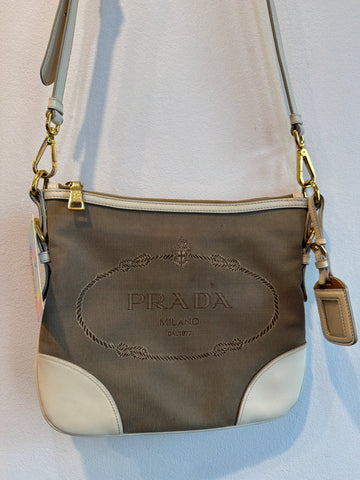 Vintage: PRADA Beige Logo Canvas Crossbody with Leather Corners