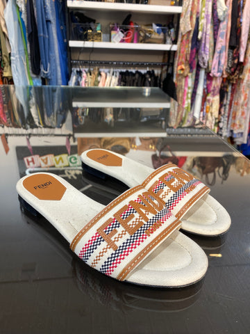 Fendi Roma Fabric and Leather Cognac Slide