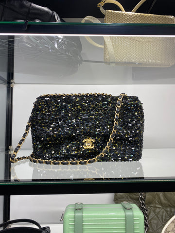Chanel Black Green and Gold Sequin Flap Bag Gold Hardware