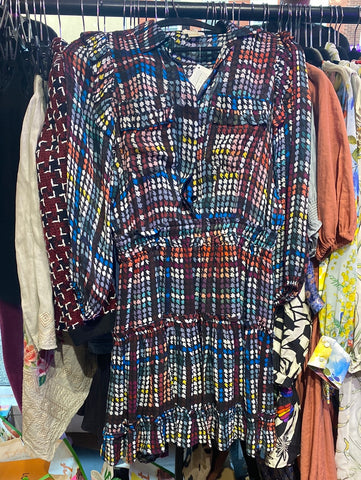 Shoshanna Long Sleeve Multicolor Hounds tooth Tiered Mini Dress
