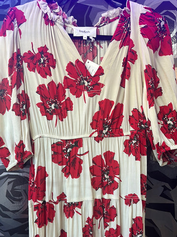 ba&sh Beige Short Sleeve Red Flowers with Layered Dress