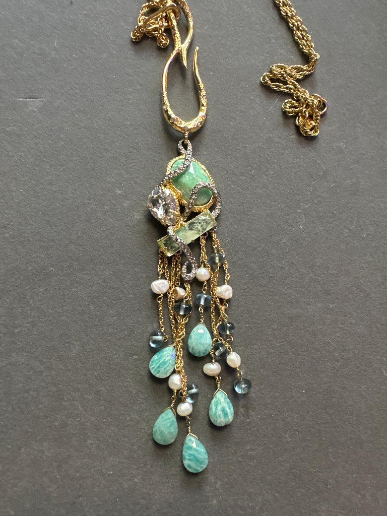 Alexis Bittar Gold Multicolor Seafoam Green and Rhinestone Hanging Necklace