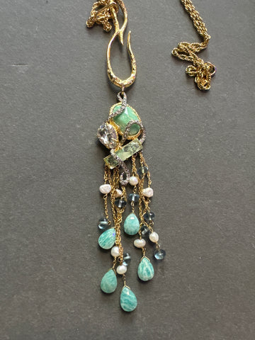 Alexis Bittar Gold Multicolor Seafoam Green and Rhinestone Hanging Necklace