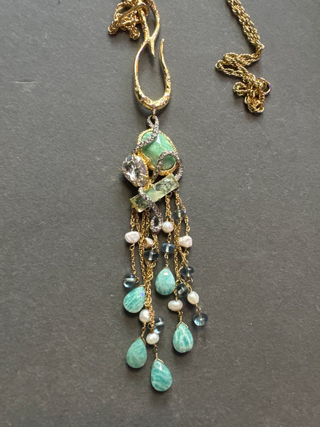 Alexis Bittar Gold Multicolor Seafoam Green and Rhinestone Hanging Necklace
