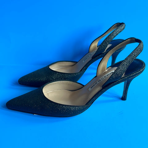 Manolo Blahnik 'CAROLYNE 70' Black Glitter Slingback