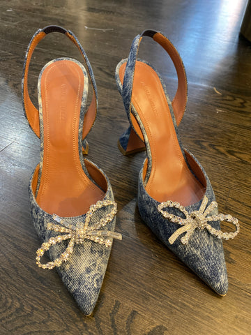 Amina Muaddi ROSIE DenimTie Die Slingback with Crystal Bow