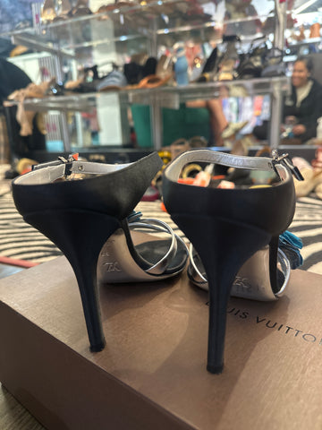 Vintage: Louis Vuitton Black Satin and Silver leather Sandal with Silk Teal Flower