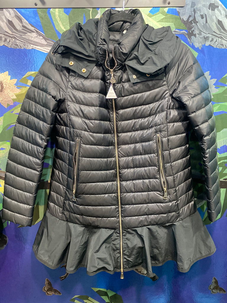 Moncler Black Hooded Down RainCoat with Flounce Bottom